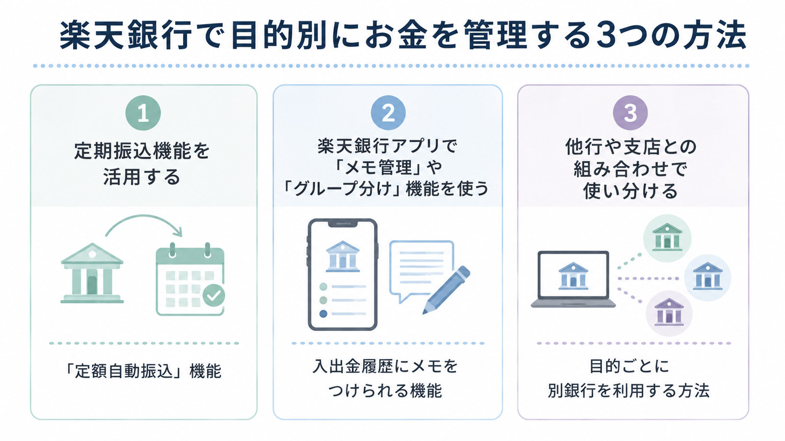 楽天銀行で目的別にお金を管理する3つの方法。定期振込機能、アプリのメモ管理やグループ分け、他行や支店との組み合わせ
