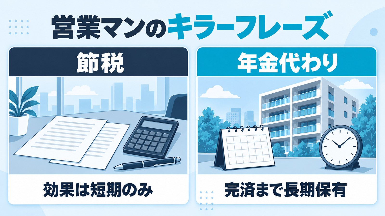 節税と年金代わりという2つの言葉の時間軸の対比