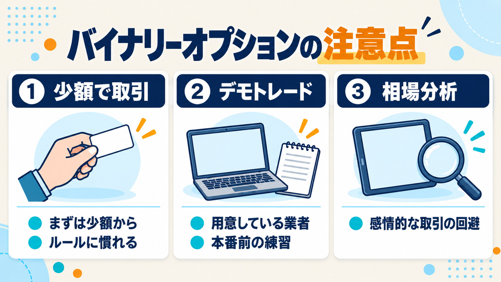 バイナリーオプションの注意点3つ。少額で取引、デモトレード、相場分析