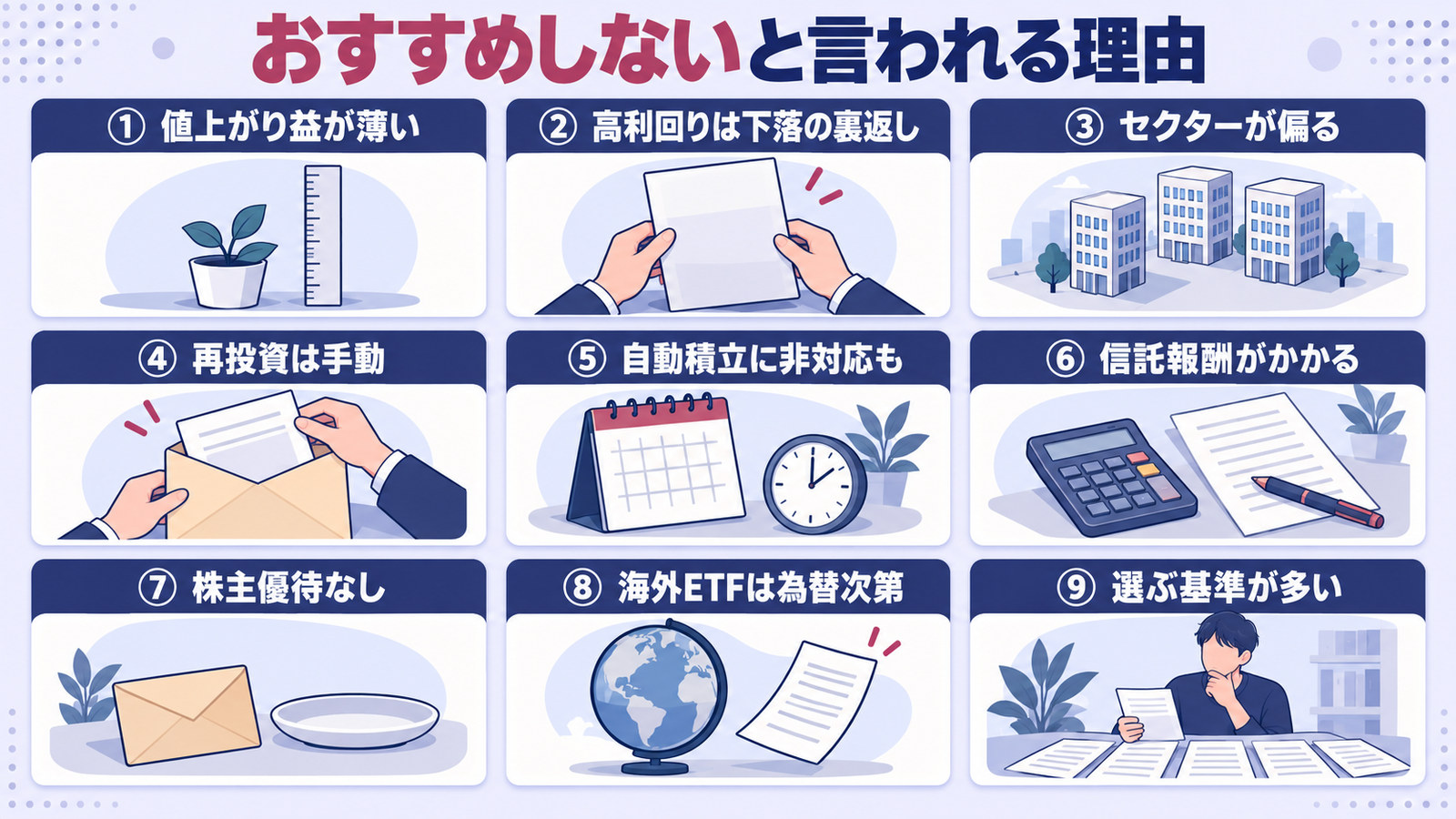 高配当ETFがおすすめしないと言われる9つの理由を並べた図