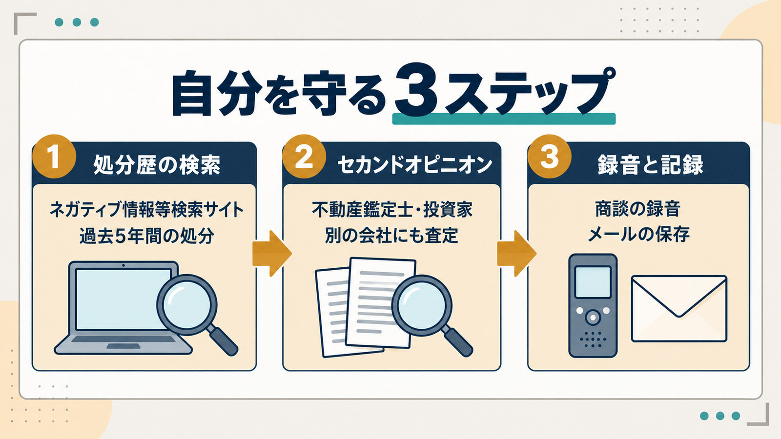 国土交通省のネガティブ情報等検索サイトでの処分歴の検索、第三者のセカンドオピニオン、商談の録音と記録という自分を守る3ステップを示した図