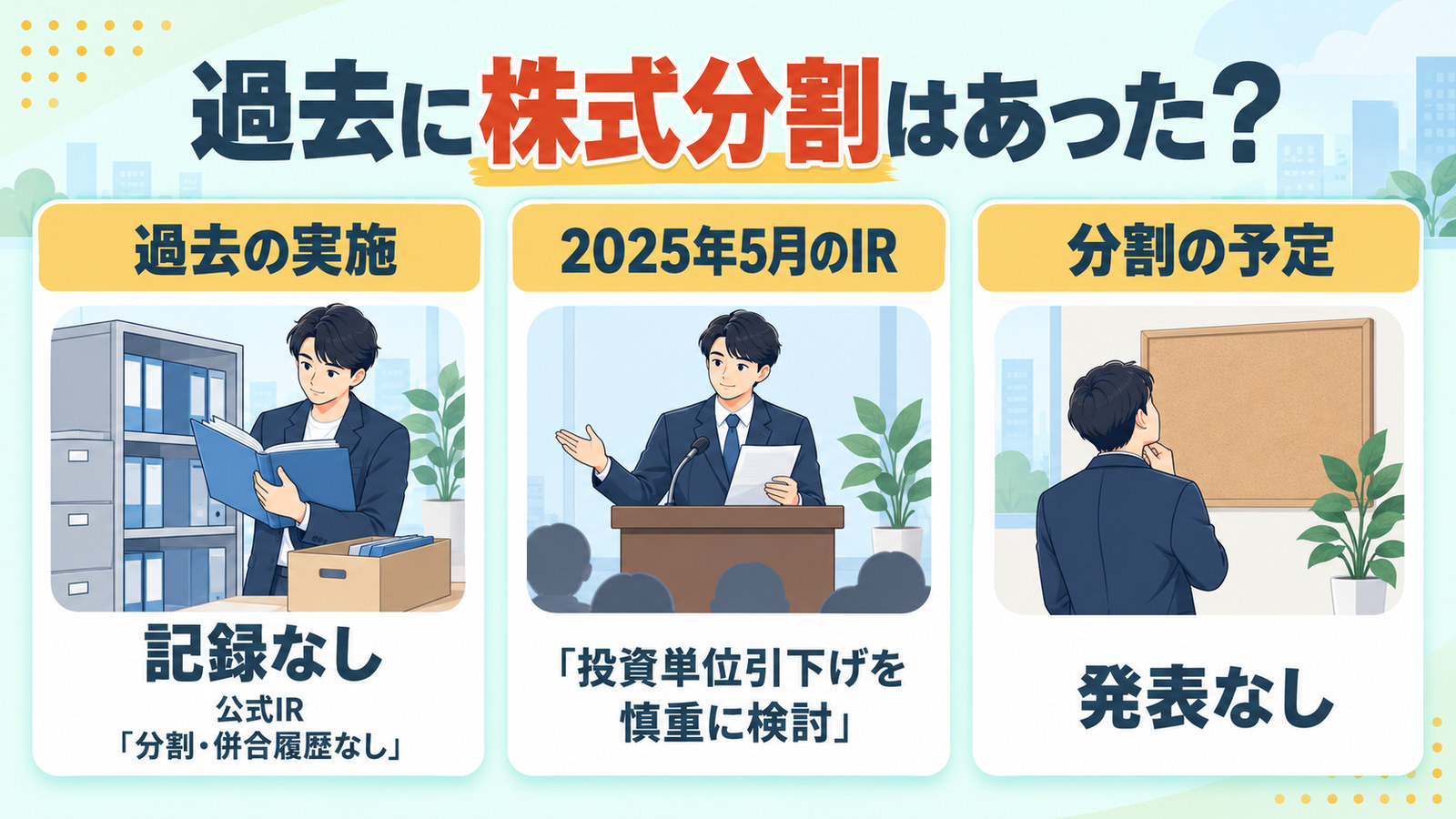 過去の分割は記録なし、2025年5月のIRの公表内容、分割予定は発表なしの3点を並べた図