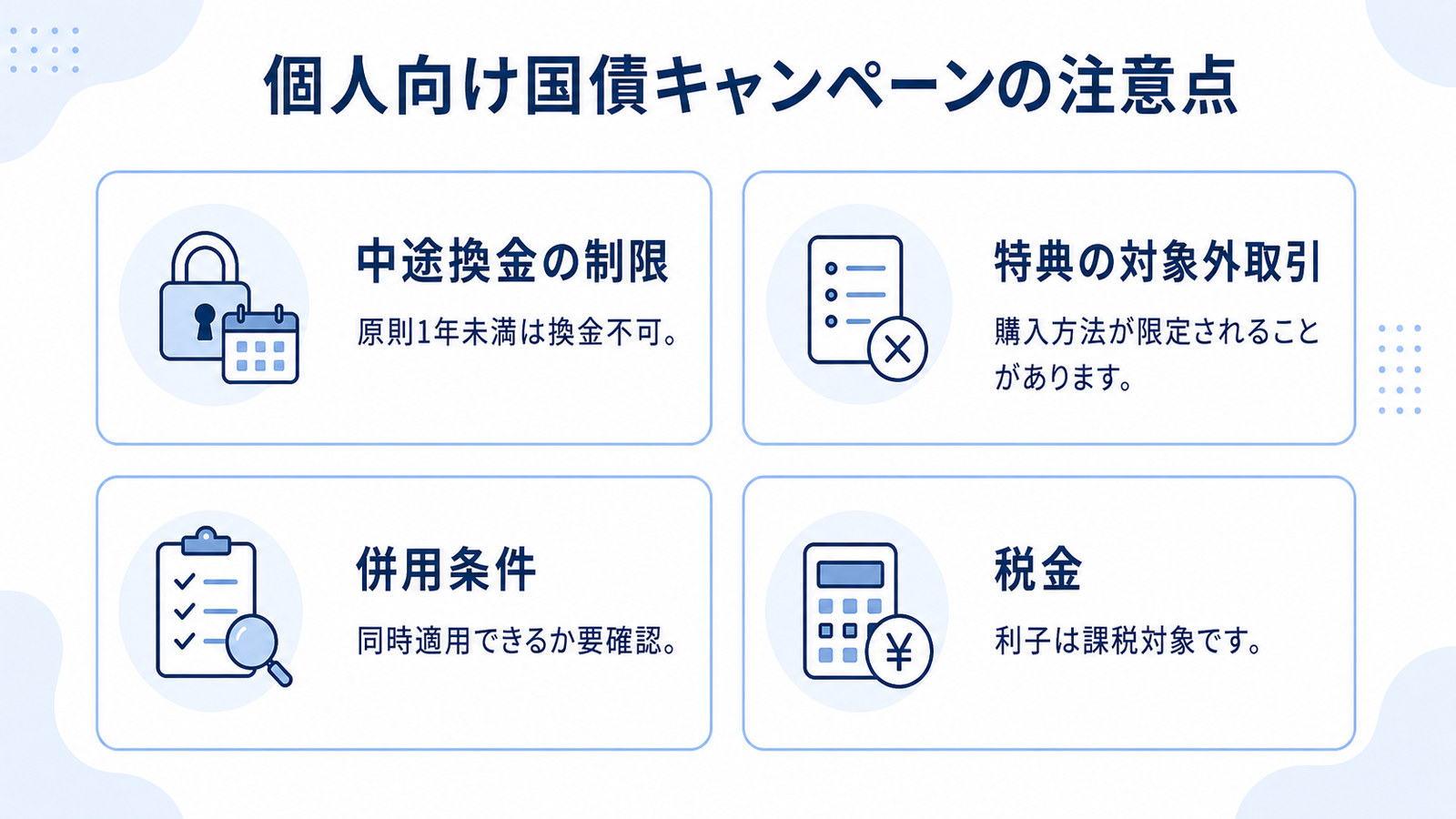 個人向け国債キャンペーンの注意点4つ。中途換金の制限、特典の対象外取引、併用条件、税金