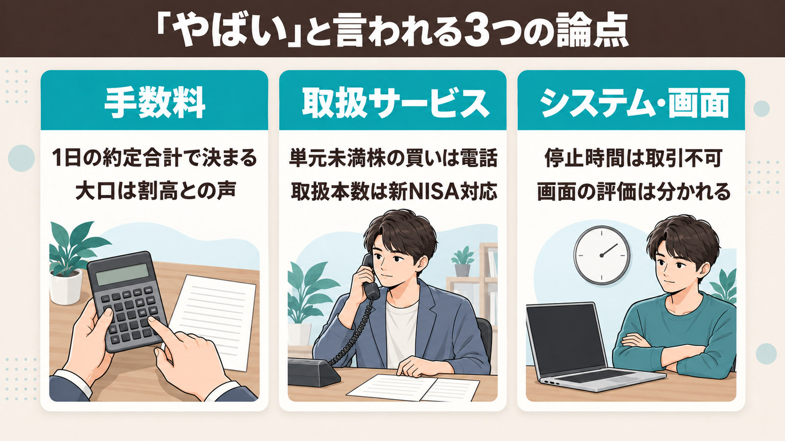手数料・取扱サービス・システム画面という3つの論点をカードで整理した図