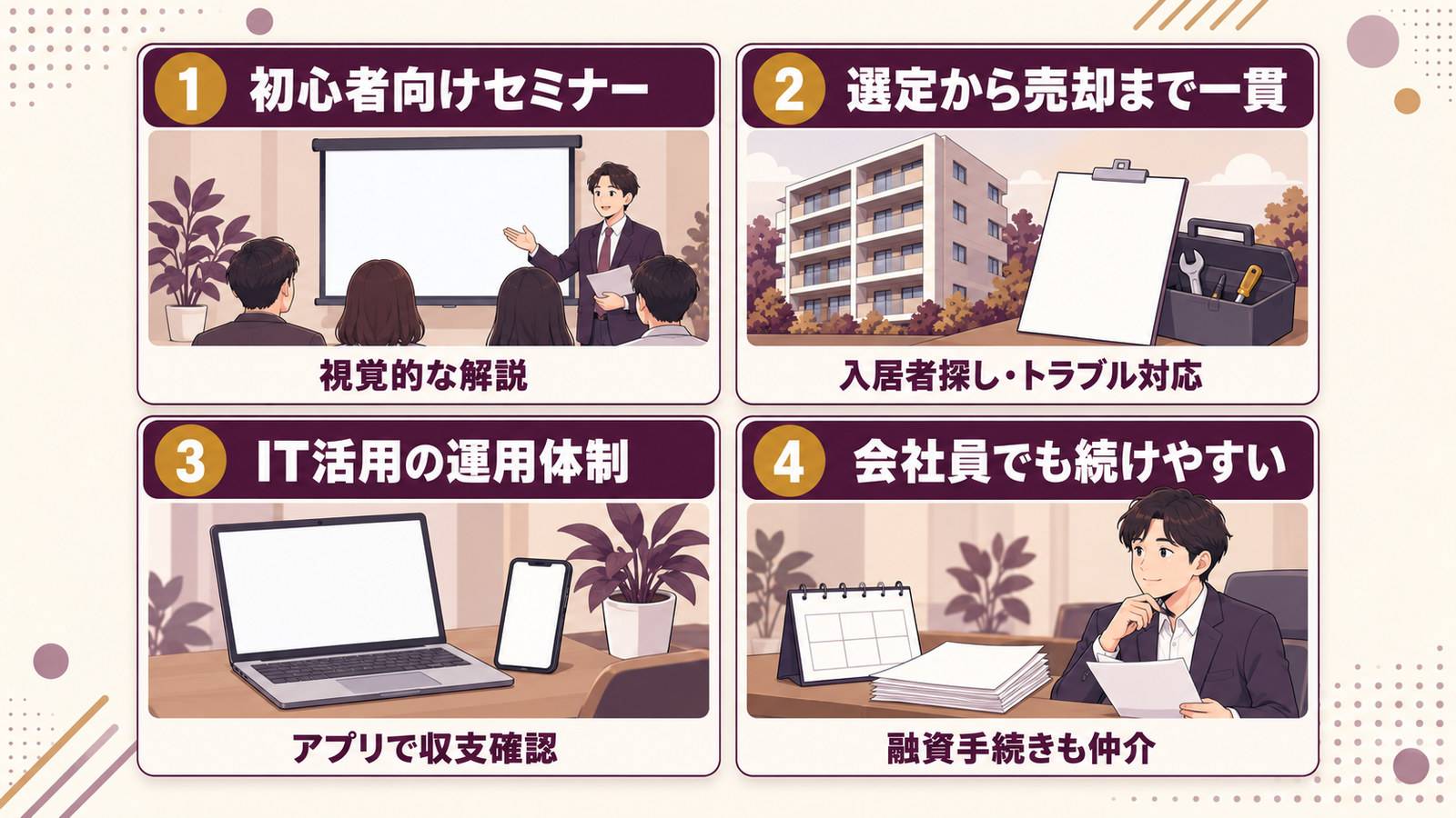 不動産投資のメリット4項目。セミナー・一貫サポート・IT・手間