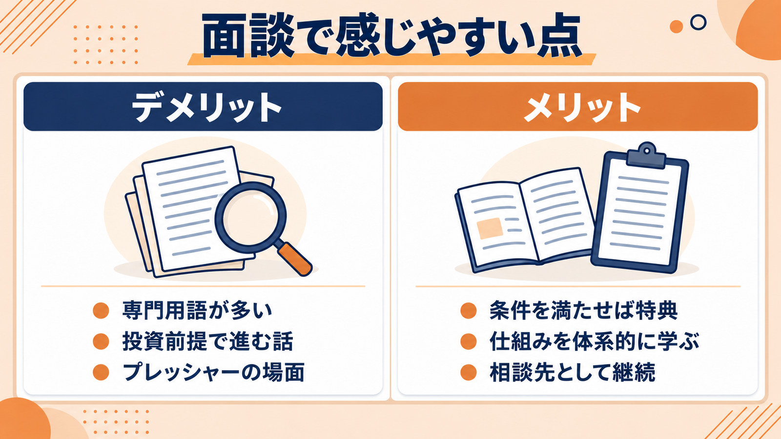 個別面談で感じやすいデメリットとメリットを3項目ずつ並べた対比図