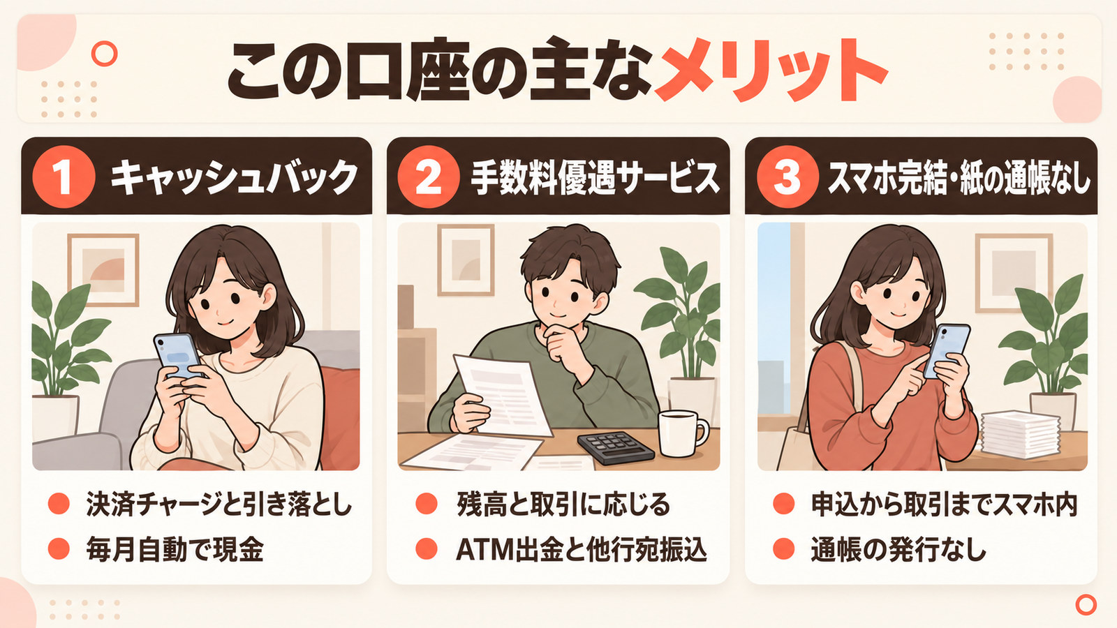 この口座の主なメリット3点。キャッシュバック・手数料優遇サービス・スマホ完結で通帳なし