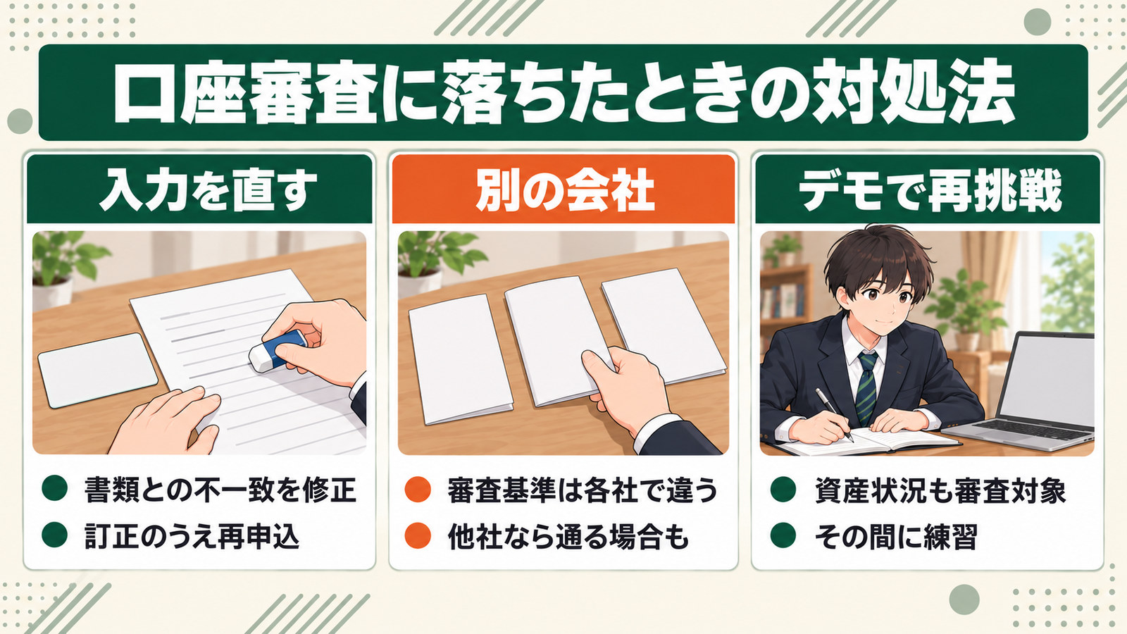 口座審査に落ちたときの対処法3つの図