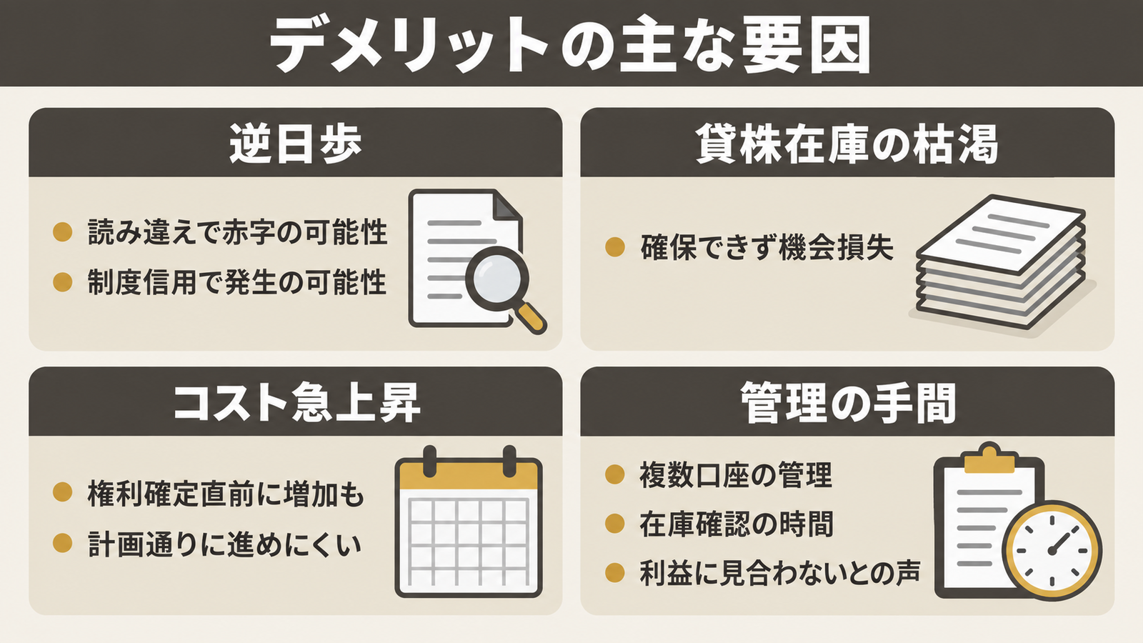優待クロスのデメリット4つ（逆日歩・貸株在庫の枯渇・権利確定直前のコスト急上昇・管理の手間）を同じ大きさのカードで並べた図
