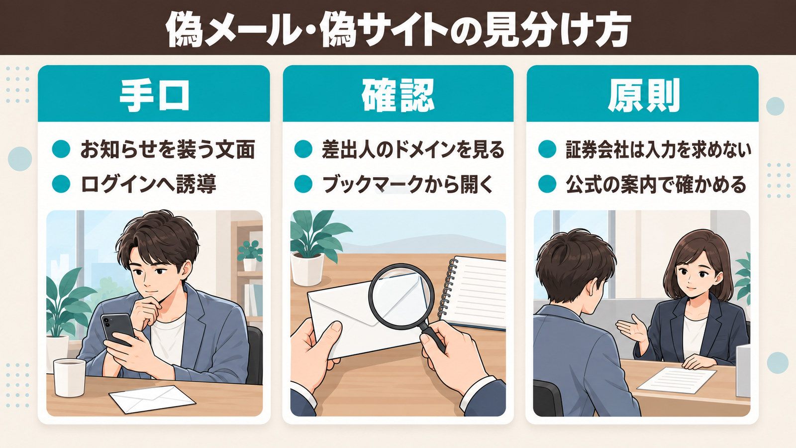 偽メール・偽サイトの手口・確認のしかた・原則を3枚で示した図