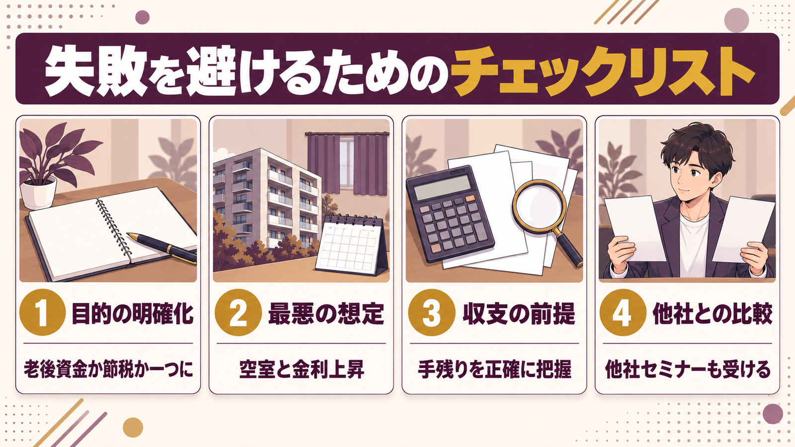 契約前に確認する4項目。目的・最悪ケース・収支・他社比較
