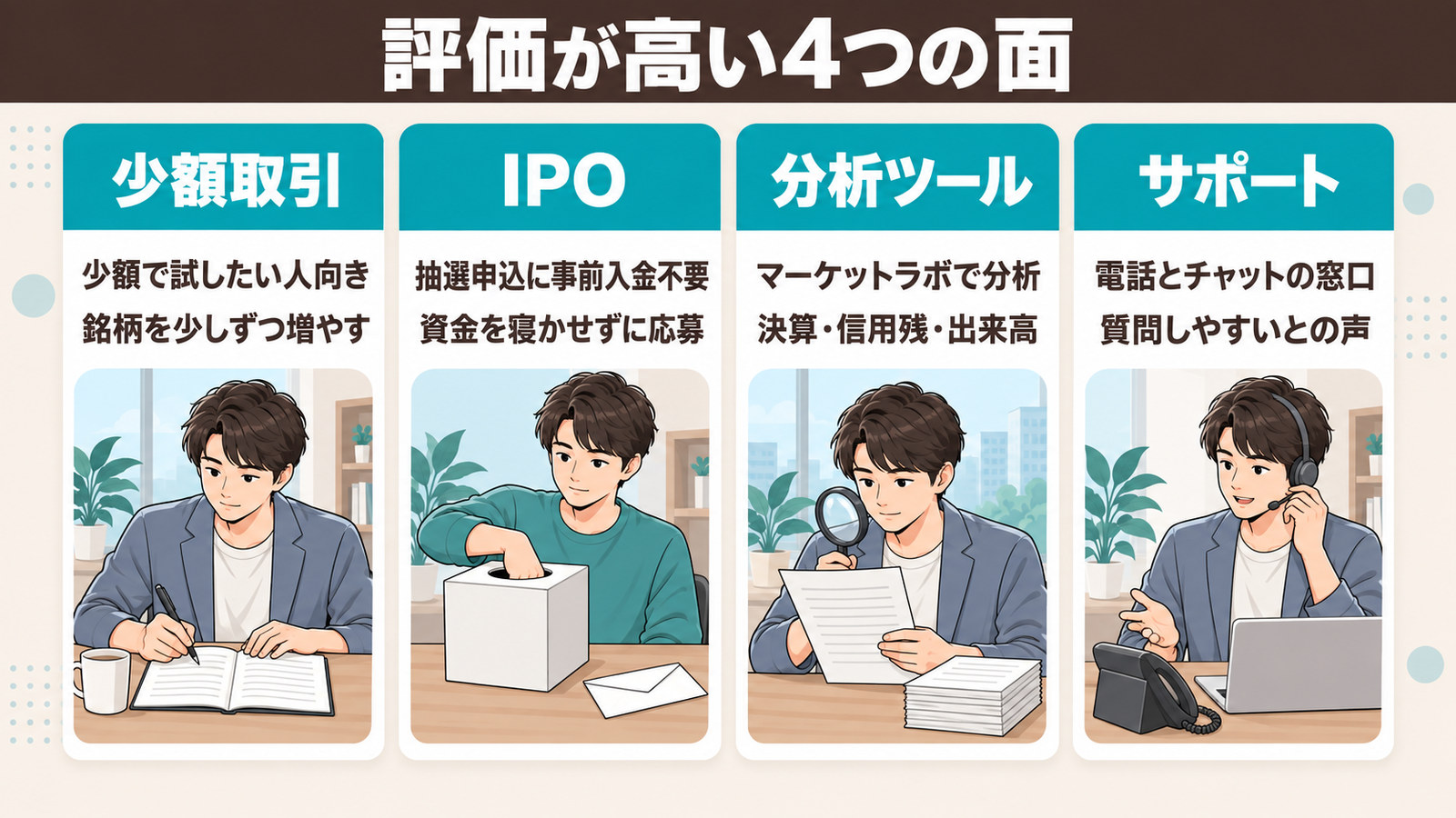 少額取引・IPO・分析ツール・サポートの4つの面を並べた図