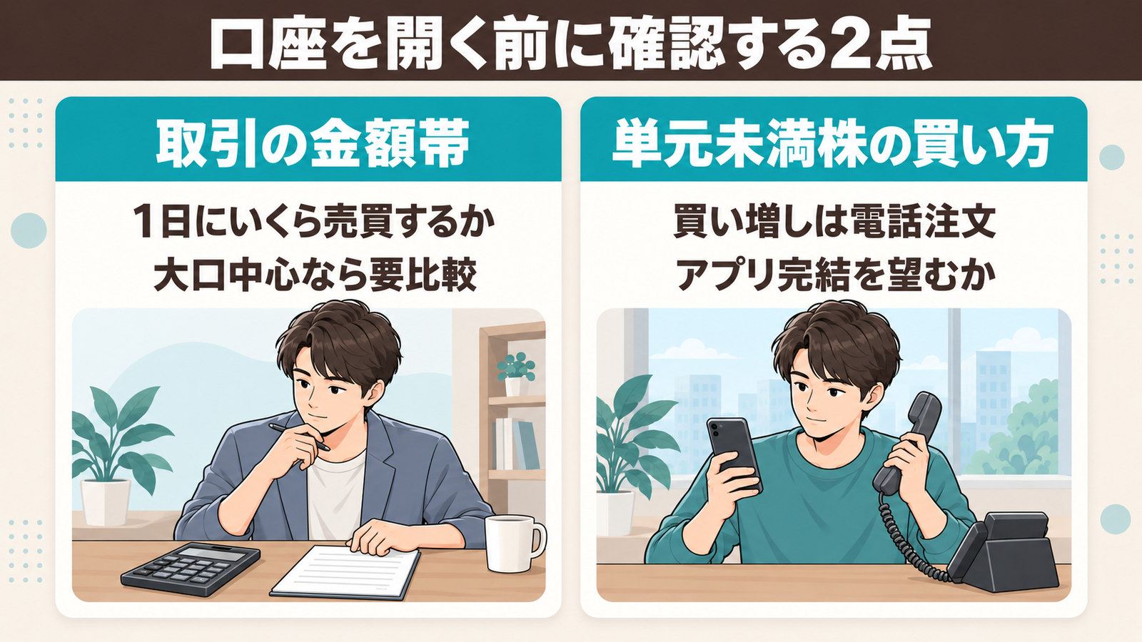 口座を開く前に確認する取引の金額帯と単元未満株の買い方の2点