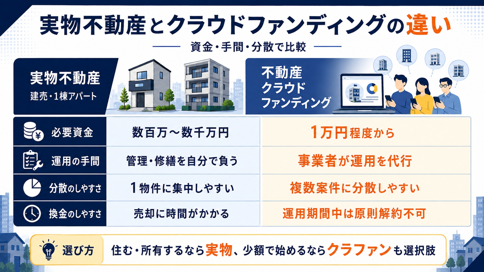 実物不動産とクラウドファンディングの違い
