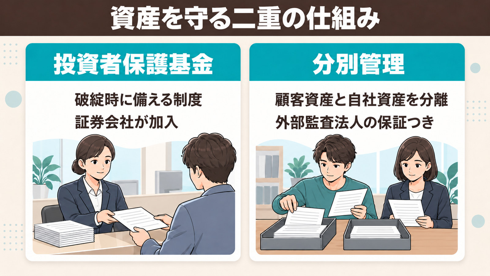 投資者保護基金と分別管理という2つの制度の仕組みを並べた図