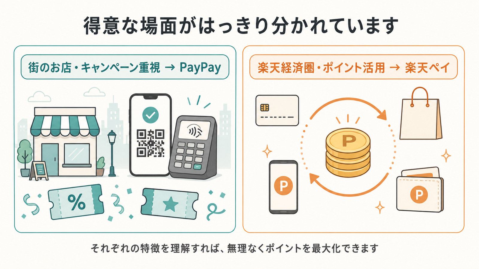 PayPayと楽天ペイの使い分け。街のお店・キャンペーン重視はPayPay、楽天経済圏・ポイント活用は楽天ペイ