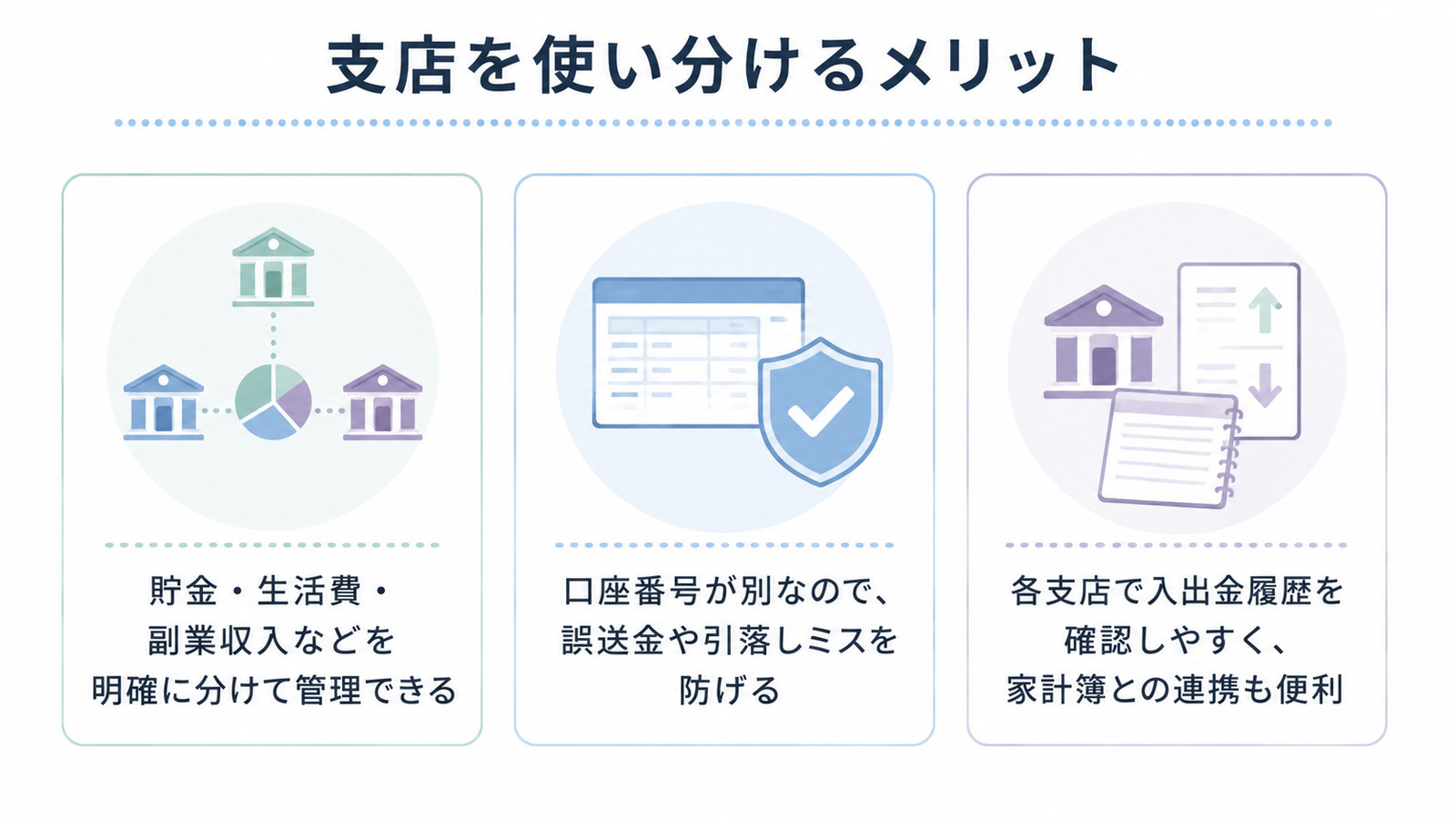 支店を使い分けるメリット3つ。明確に分けて管理できる、誤送金や引落しミスを防げる、入出金履歴を確認しやすい