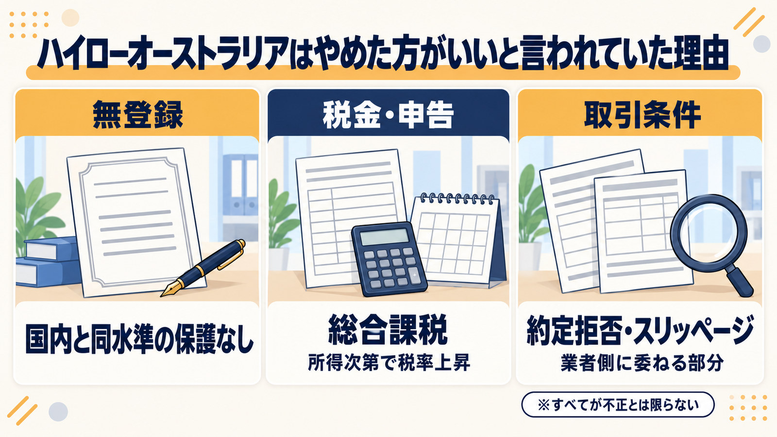 やめた方がいいと言われていた理由を無登録・税金・取引条件の3点で整理