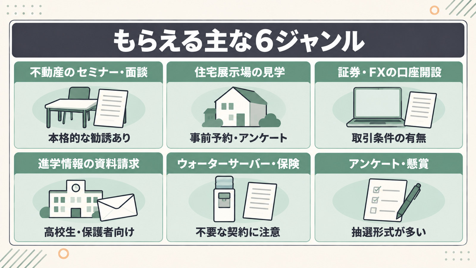 特典がもらえる主な6ジャンルと、それぞれの注意点を並べた図