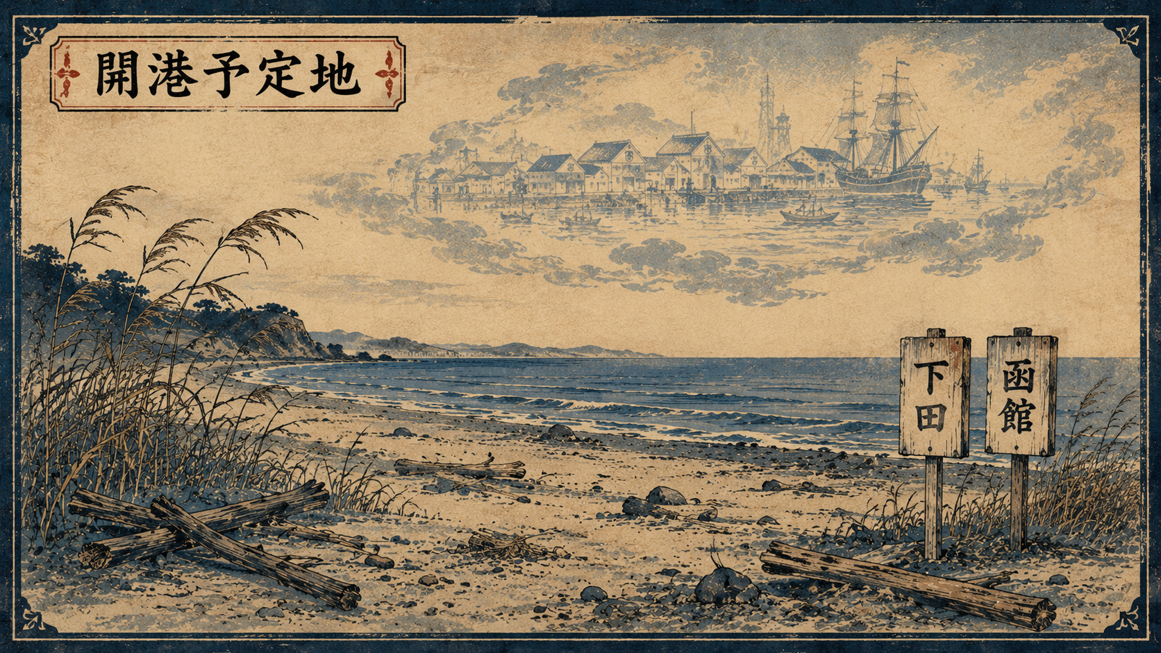 下田・函館の開港予定エリア（現状は葦と砂利の海岸線）のイメージ図