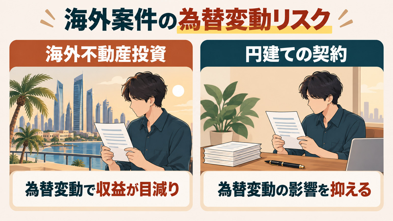 海外案件の為替変動リスクと、円建ての契約でその影響を抑える仕組みを左右に並べた図