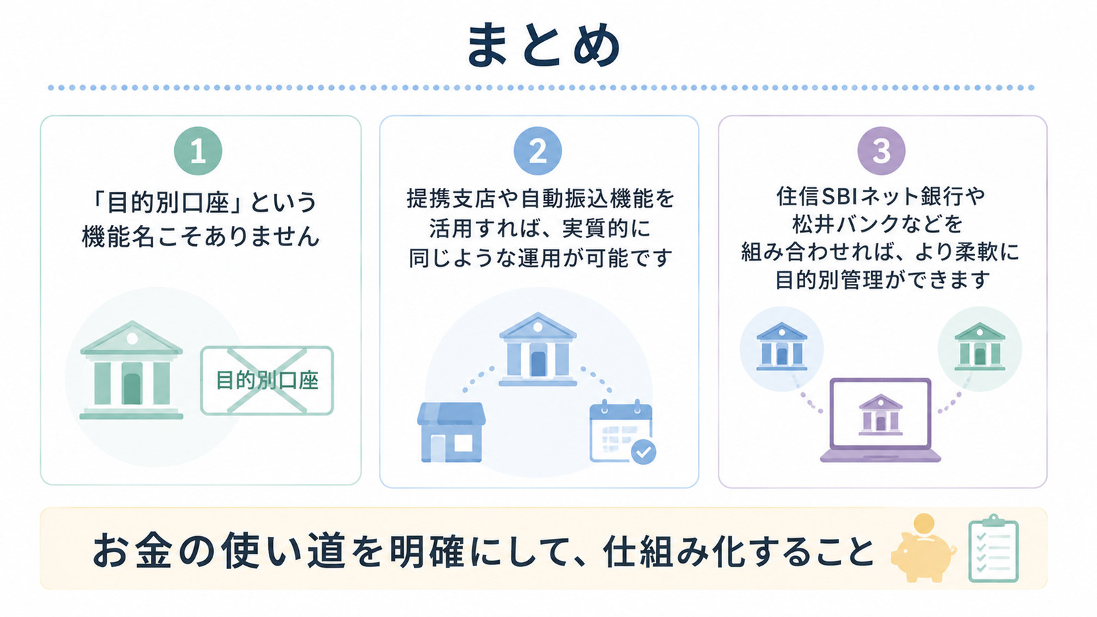 まとめ。目的別口座という機能名はないが、提携支店や自動振込機能、他行との組み合わせで同じような運用ができる