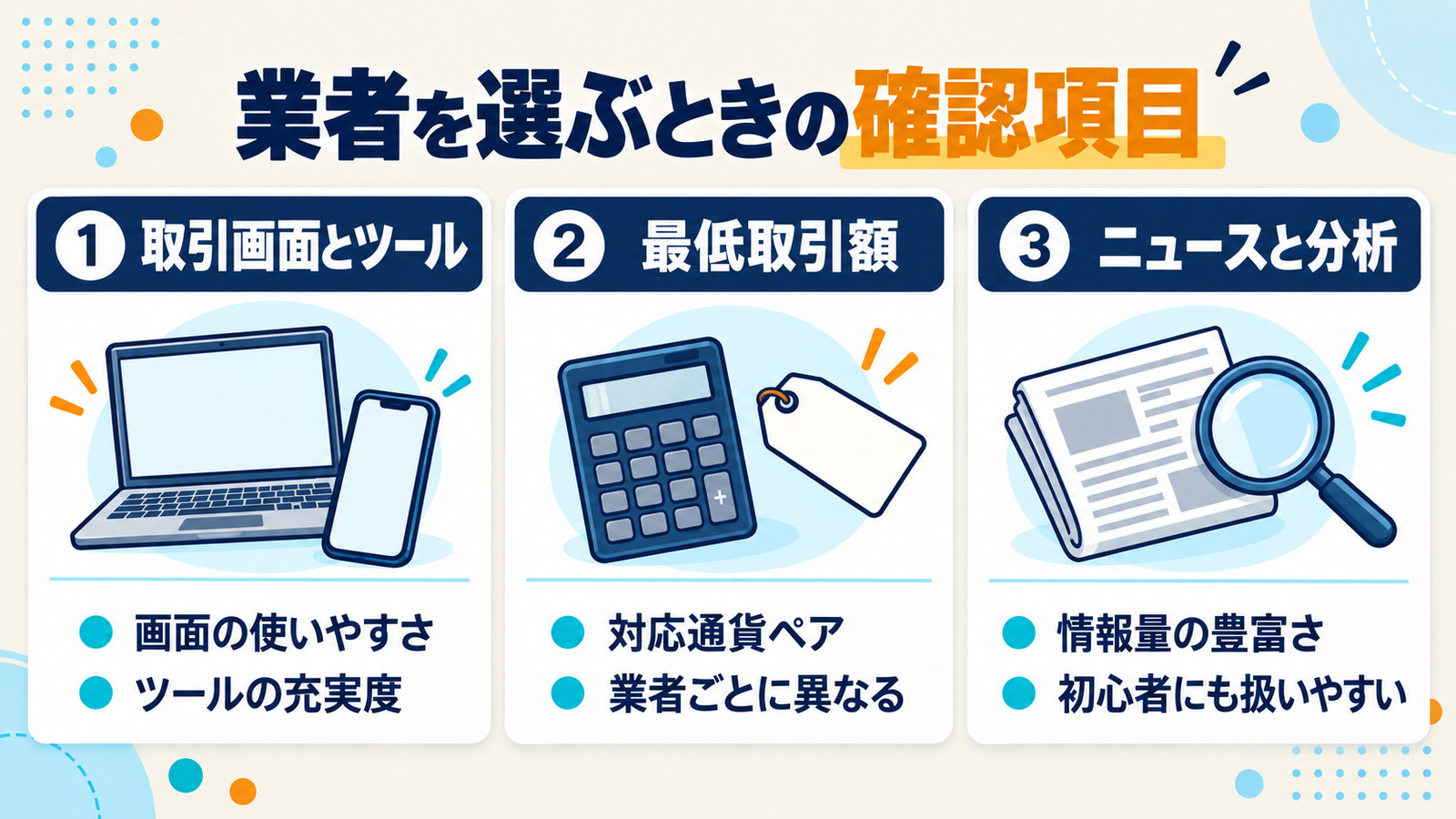業者を選ぶときの確認項目3つ。取引画面とツール、最低取引額と対応通貨ペア、ニュースと分析