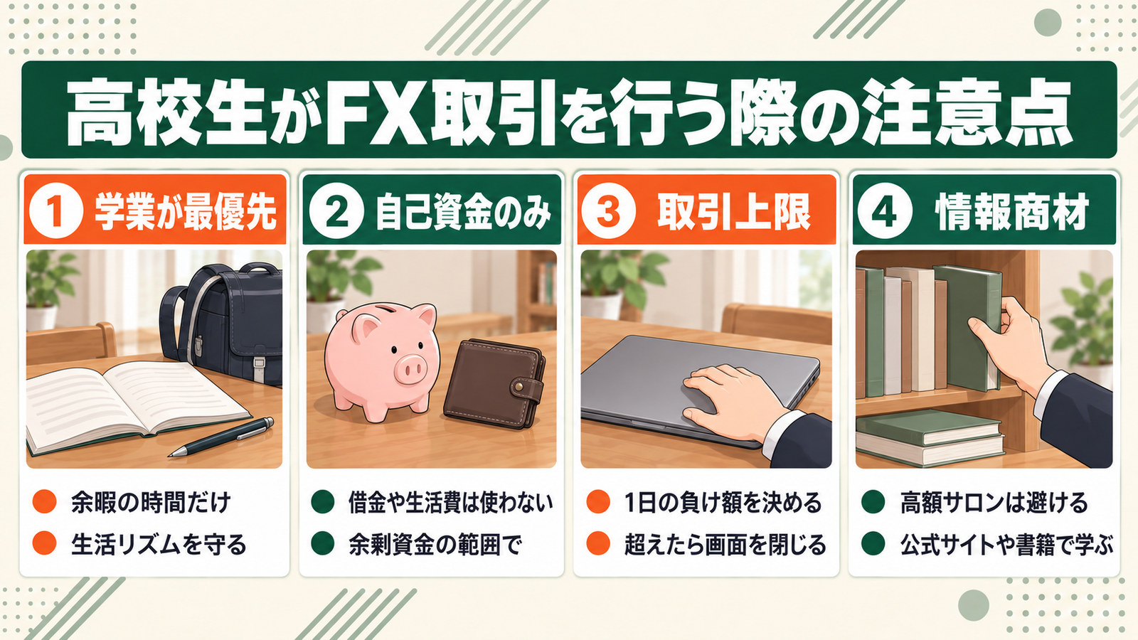 高校生がFX取引を行う際の注意点4つの図