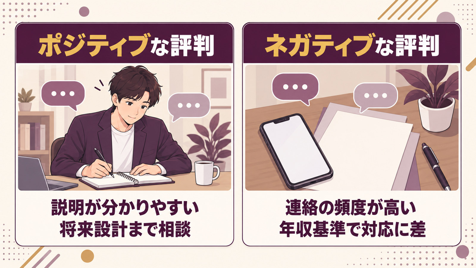 ポジティブな評判とネガティブな評判を左右に並べた対比