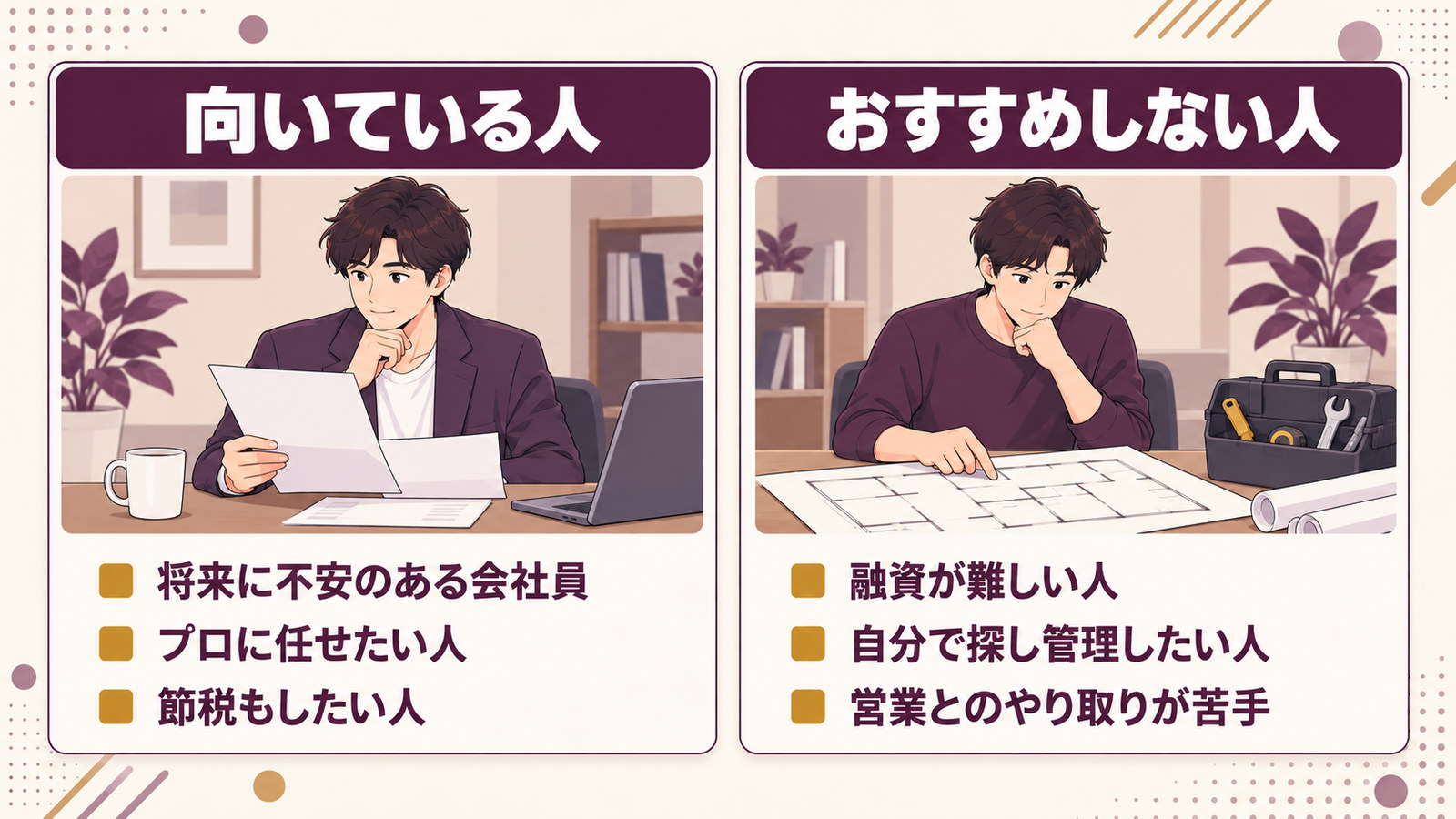 向いている人とおすすめしない人を左右に3項目ずつ並べた対比