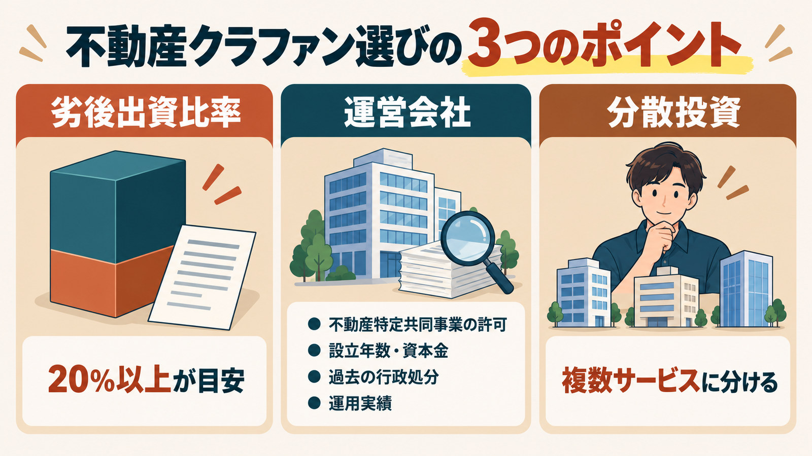 不動産クラファン選びの3つのポイント。劣後出資比率、運営会社の確認項目、分散投資を並べた図